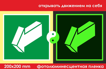 E19 открывать движением на себя (фотолюминесцентная пленка, 200х200 мм) - Знаки безопасности - Фотолюминесцентные знаки - Магазин охраны труда Протекторшоп