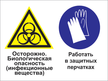 Кз 73 осторожно - биологическая опасность (инфекционные вещества). работать в защитных перчатках. (пленка, 600х400 мм) - Знаки безопасности - Комбинированные знаки безопасности - Магазин охраны труда Протекторшоп